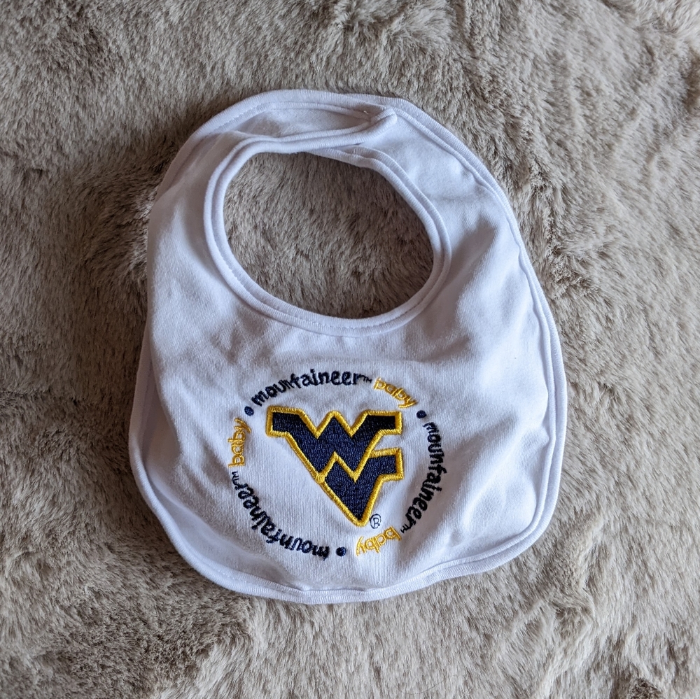 FREE with purchase West Virginia University Baby Mountaineer Bib white blue gold